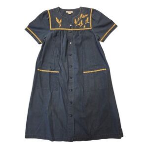 Go Softly Denim Prairie Dress Small Embroidered Wheat Cottagecore